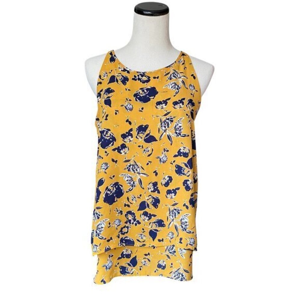 Paraphrase Womens Small Tank Top Sleeveless Mustard Navy Blue Floral 2 Layers